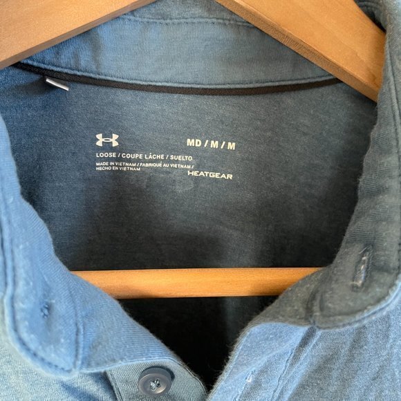 UNDER ARMOUR LOOSE HEATGEAR‎ BLUE POLO SHIRT SHORT SLEEVE TOP ATHLETIC MENS SZ M - Picture 2 of 4